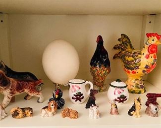 Mini dog figurines, ostrich egg, glass hen candle holder 
