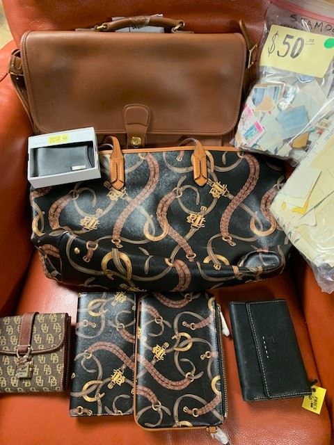 Vintage Couch Briefcase with all Authenticity  never been used Ralph Lauren, Dooney and Bourke, CalvinKlein, Fossil, Guess,  Designer Clothes                   
 And a GREAT STAMP COLLECTION 