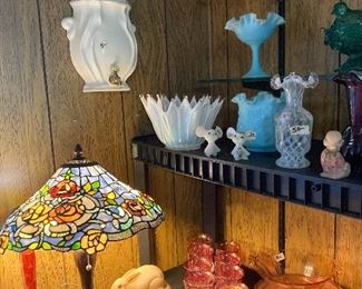 KING'S CROWN, DEPRESSION GLASS, FENTON AND CONTEMPORARY STAIN GLASS LAMP