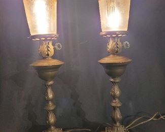Pair of brass with etched Art Deco globes