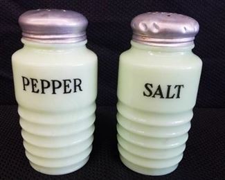 Vintage Jadeite Salt and Pepper Shakers Jeannette Beehive Glass