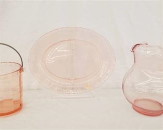 Lot of 3 Vintage Pink Depression Glass Platter Pitcher Ice Bucket