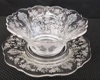 Vintage Rose Point Glass Bowl and Dish 7 inch plate