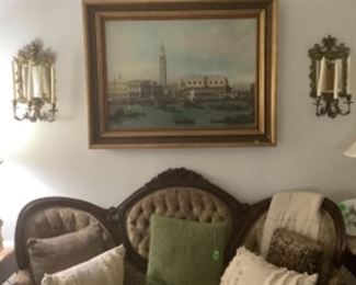 Large art piece from Venice.  Beautiful frame.  Solid brass sconces with beveled glass and candle holders.