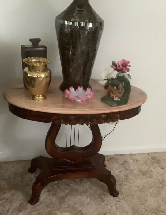 Victorian Harp table with pink marble.