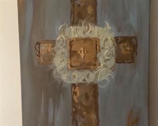 Beautiful hand painted cross in blue and rust.