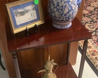 New small table with pitcher,  and solid brass tea pot.