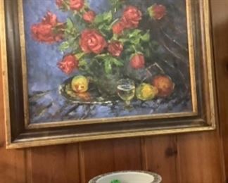 Beautiful oil painting with flowers and fruit.
