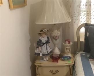 French Provincial end table with accessories.