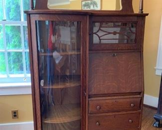 Vintage Oak Side by Side Secretary Desk and Bookcase
