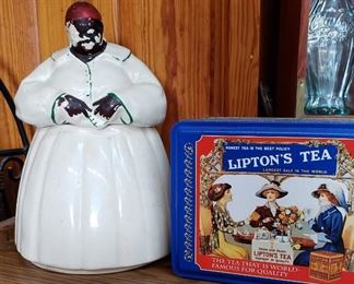 McCoy vintage Aunt Jemima or Mammy cookie jar, Lipton's Tea tin