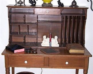 Early desk, crock, firkin, castor set, GWTW lamp, etc...
