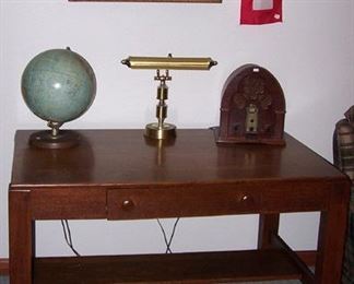 Oak library table, Replogle globe, Crosley repro cathedral style radio