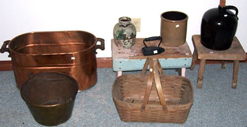 Copper boiler,  Brass kettle, crock, jug, primitive stools, etc...