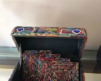 Beaded and straw art box. Coasters.