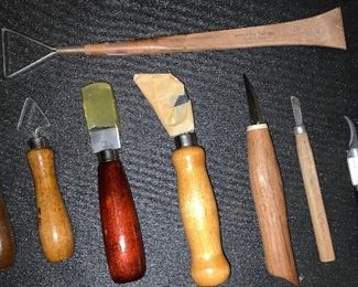 Misc cutting/Carving Tools: Large 12” Triangle 1 3/4” Sculpturing Tool, Small Loop Sculpturing Tool, Kemper Lt9 Triangle Loop , EC Lyons Chisel, Vinyl Cutter, Whittling Knife, Small carving chisel and X-acto curved blade Knife