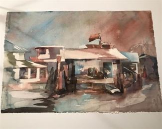 Coastal Village Mexico - Daytime. Original Watercolor Art by Jane Paden (22 x 15)