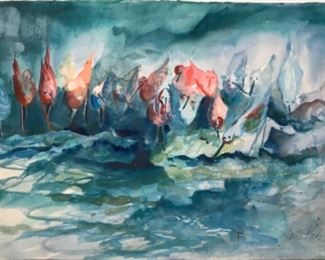 “Birds at the Water Fountain” Original Watercolor Art by Jane Paden (unframed) 22” x 15””
