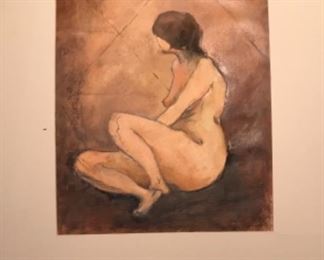 Original Art Signed By Artist Jane Paden. “Watch” oil and pencil on paper 19” x 27” with mat 25 1/2” x 34”