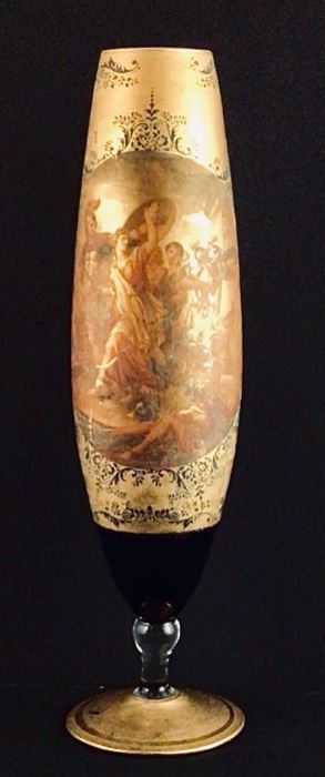 Antique French gold encrusted cobalt blue glass footed vase with Joan of arc leaping into saddle pictorial 15” H