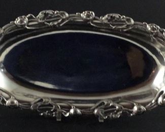 Art Nouveao quadruple plated silver oval copper bread tray.