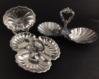 Back left: Friedman Silver Company Silver Plate Shell dish.Back right: Continental Sheffield silver company silver plate double shell tray. Front silver plate three part tidbit tray