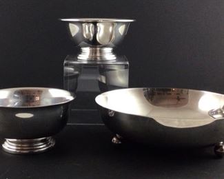 Back center: Parts company silver plate Paul revere 5 inch bowl. Front left: Gorham electroplate silver 5 inch Paul revere bowl. Front right: Crescent Vintage silver plate round ball foot bowl.