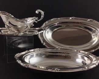 WSB electroplate on copper Footed gravy boat with underplate from England. W&S Blackinton company American silversmiths 1805 to 1938 silver plate bread tray & Silver plate oval veggie bowl