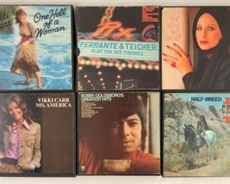 Multiple reel to reel tapes. Shown here: Vikki Carr, one hell of a woman; Ferrante and Teicher, play the hit themes; Barbra Streisand, the way we were; Vikki Carr, Miss America; Bobby Goldsboro’s greatest hits; Cher, halfbreed