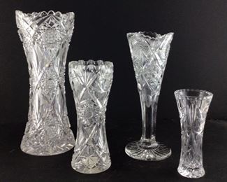 American brilliant cut crystal 8” Corset vase. American brilliant cut 8 inch crystal bowl. American brilliant cut crystal corset 12” vase. American brilliant cut crystal buzz star variation with sawtooth Scalloped edge 10 1/4” trumpet Pedestal stem vase. Lenox 6” star cut vase