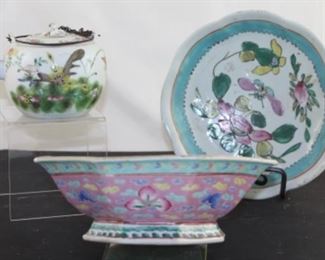 Antique Chinese Tongzhi Mark Porcelain Teapot, pictured back right hand painted oriental bowl, pictured in front oriental style Handpainted porcelain Octagon bowl