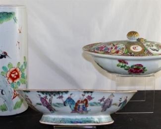 Vintage 20th century hand-painted Chinese vase, oval Chinese Handpainted bowl, rose medallion antique 11” covered oval vegetable circa 1860 - 1920
