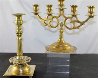 Antique Russian footed solid brass candlestick. Vintage solid brass five light candelabra (1 of 2)