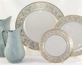 Three vintage drabware pitchers - 6 3/4 H x 4”W, 9”x5 1/2 W, 8 1/2”H x 5”W