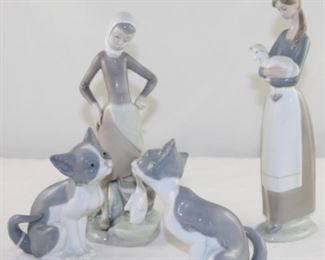 Two Lladro Porcelain Cat Figurines “feed me”, Lladro Porcelain girl with pail and goose figurine, Leandro Porcelain girl with lamb Figurine