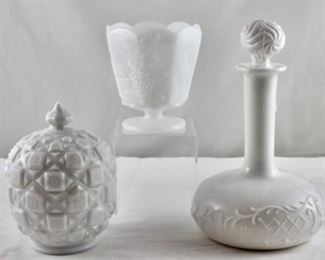 Westmoreland Vintage milk glass candy dish “old quiet”, antique milk glass barbers bottle circa 1890, pictured in back E.O. Brody milk glass grape harvest Footed vase