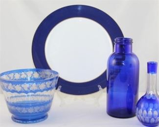 Royal crown derby charger see previous description. Vintage blue cut to clear crystal ice bucket, vintage blue cut to clear crystal bottle vase, Vintage cobalt blue mom bottle.