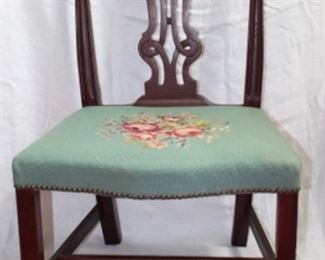 Chippendale (catalogue #129) Mahogany Side Chair with Needlepoint Roses Cushion Seat (1 of 10 Side chairs shown). Side chairs all have Needlepoint seat cushion in various designs and colors.