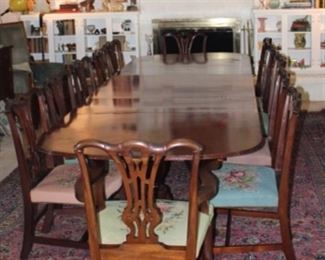 Regency Mahogany 3 Pedestal 12’ Dinning Table with 12 Chippendale Chairs (10 Side Chairs & 2 Arm Chairs). Originally belonging to Herman & Margaret Brown