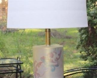 Mid-Century Cylindrical Ceramic Lamp. Base 14”H x 6”W) w/Shade 28”