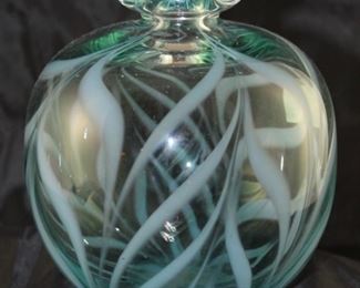 David R. Bouton “rainbow” blown art glass vase 6 1/2 inches high by 5 1/2 inches wide