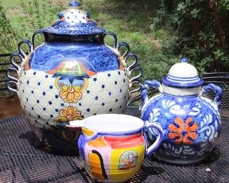 Talavera Large Hand painted urn with lid 20”H x 19” D and Talavera hand-painted urn with lid 12”H x 10” D