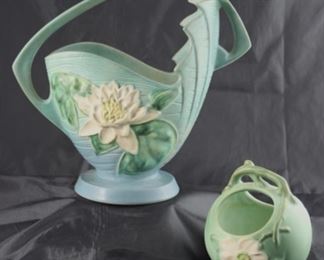 Roseville “waterlily” #382-12” basket and Weller “wild Rose” Basket circa 1930s
