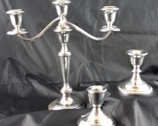 Gorham Puritan three light candelabra. Pair of Fisher silversmith French Gadroon Sterling candleholders. Pair of Duchin creation sterling candleholders