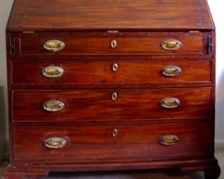 Chippendale Mahogany 4 Drawer Slant Top Drop Front Desk ((40”W x 19”D x 42.5”H) All Original Brass and Finish.,