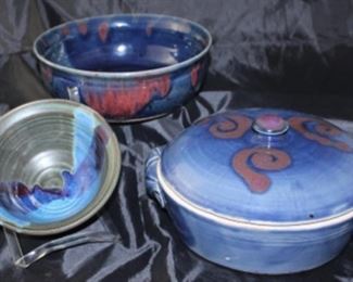 Pictured in back M.Lynch handmade pottery veggie bowl, pictured in front Chieko Handmade covered Casserole, J.Scott Pottery cereal bowl