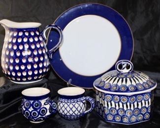 Heise Pottery Bunzlau Germany - covered Casserole, Pitcher, and mugs right