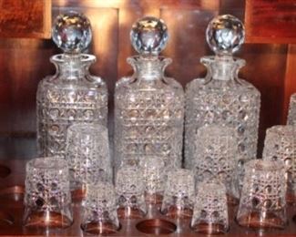 Close up of original Crystal Antique Drop-front Bar with Original Crystal Showing Interior with original American Brilliant Cut Period Crystal: (3) Decanter, (1) Highball, 5 Rocks, 4 Whiskey, 5 Shot glasses