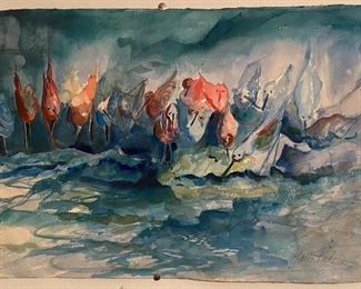 “Birds at the Water Fountain” Original Watercolor Art by Jane Paden (unframed) 22” x 15””