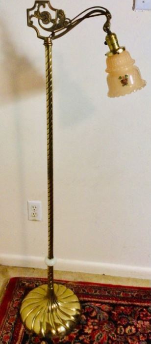 Antique Art Nouveau Victorian Brass Bridge Floor Lamp with Hand Painted Glass Shade